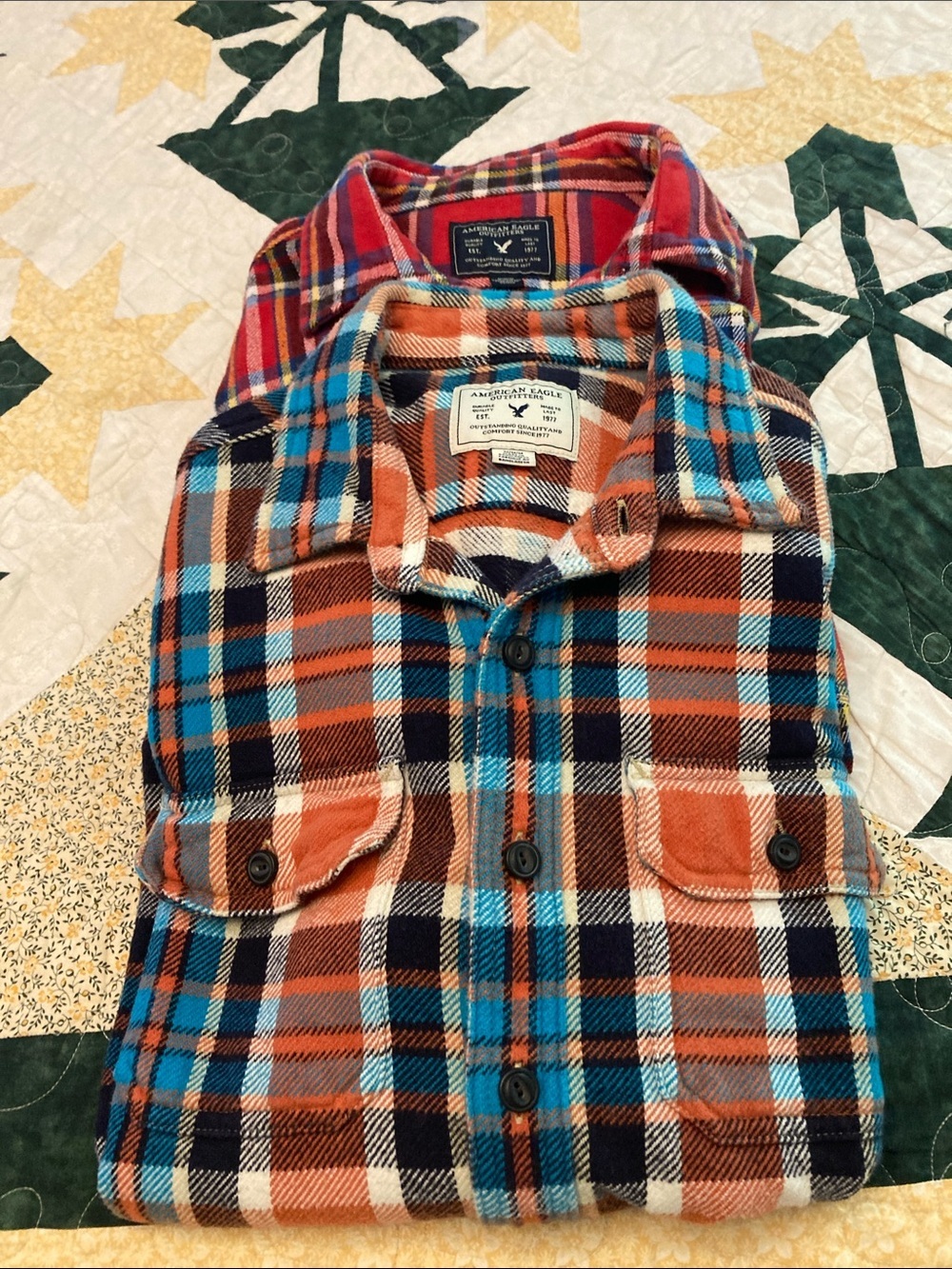 American Eagle set of two mens M plaid flannel button down shirts 100% cotton